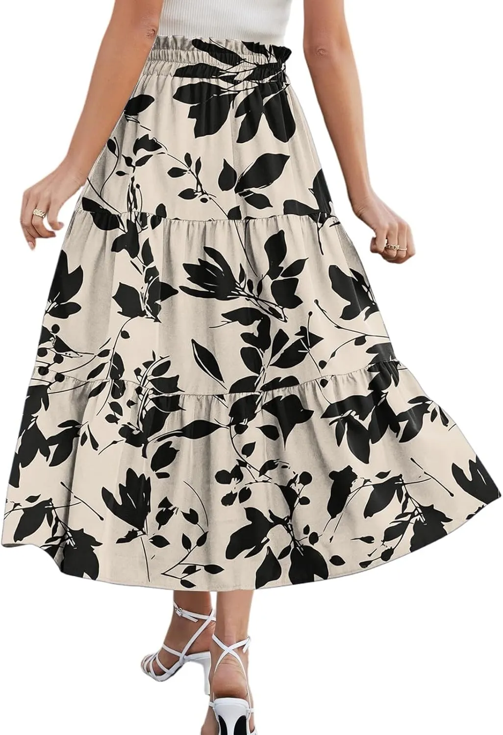Women's Midi Boho Floral Tiered Skirts Trendy Comfy Flowy A Line Skirt Drawstring High Elastic Waist Skorts with Pockets