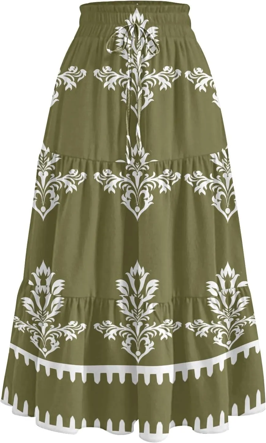 Women's Midi Boho Floral Tiered Skirts Trendy Comfy Flowy A Line Skirt Drawstring High Elastic Waist Skorts with Pockets