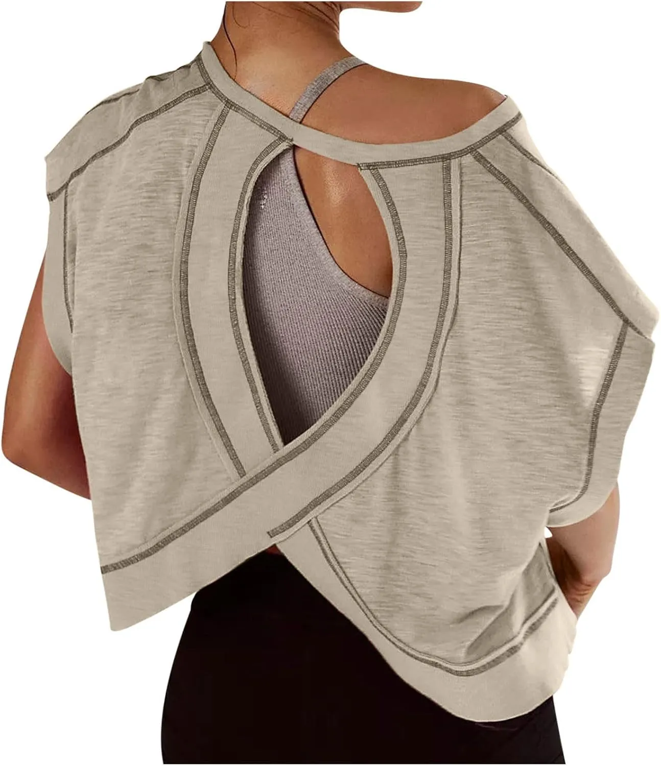 Women's Sexy Open Back Yoga Crop Tops - Cute Summer Crew Neck Athletic Running Shirts Loose Workout Short Sleeve Pullover