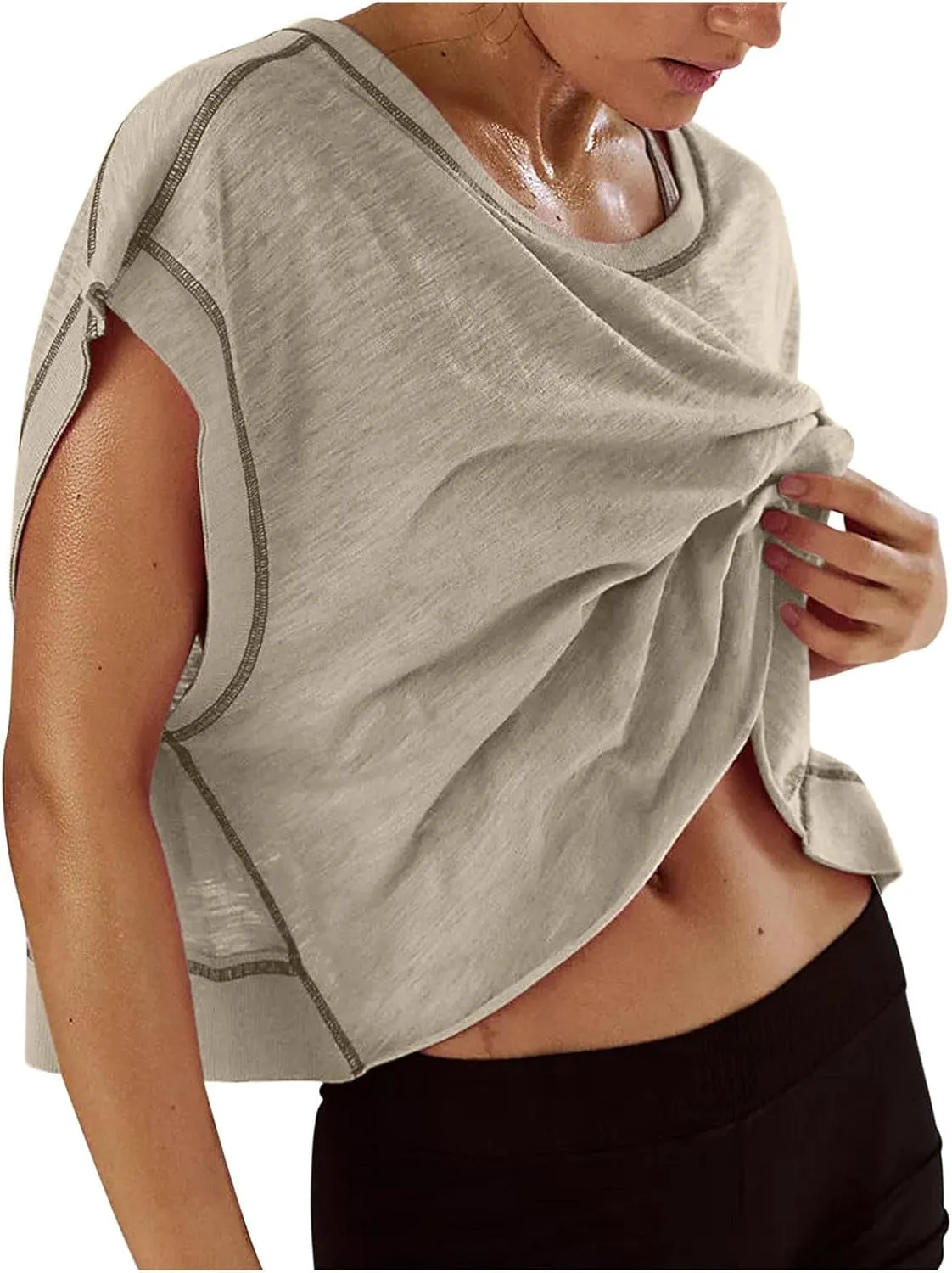 Women's Sexy Open Back Yoga Crop Tops - Cute Summer Crew Neck Athletic Running Shirts Loose Workout Short Sleeve Pullover