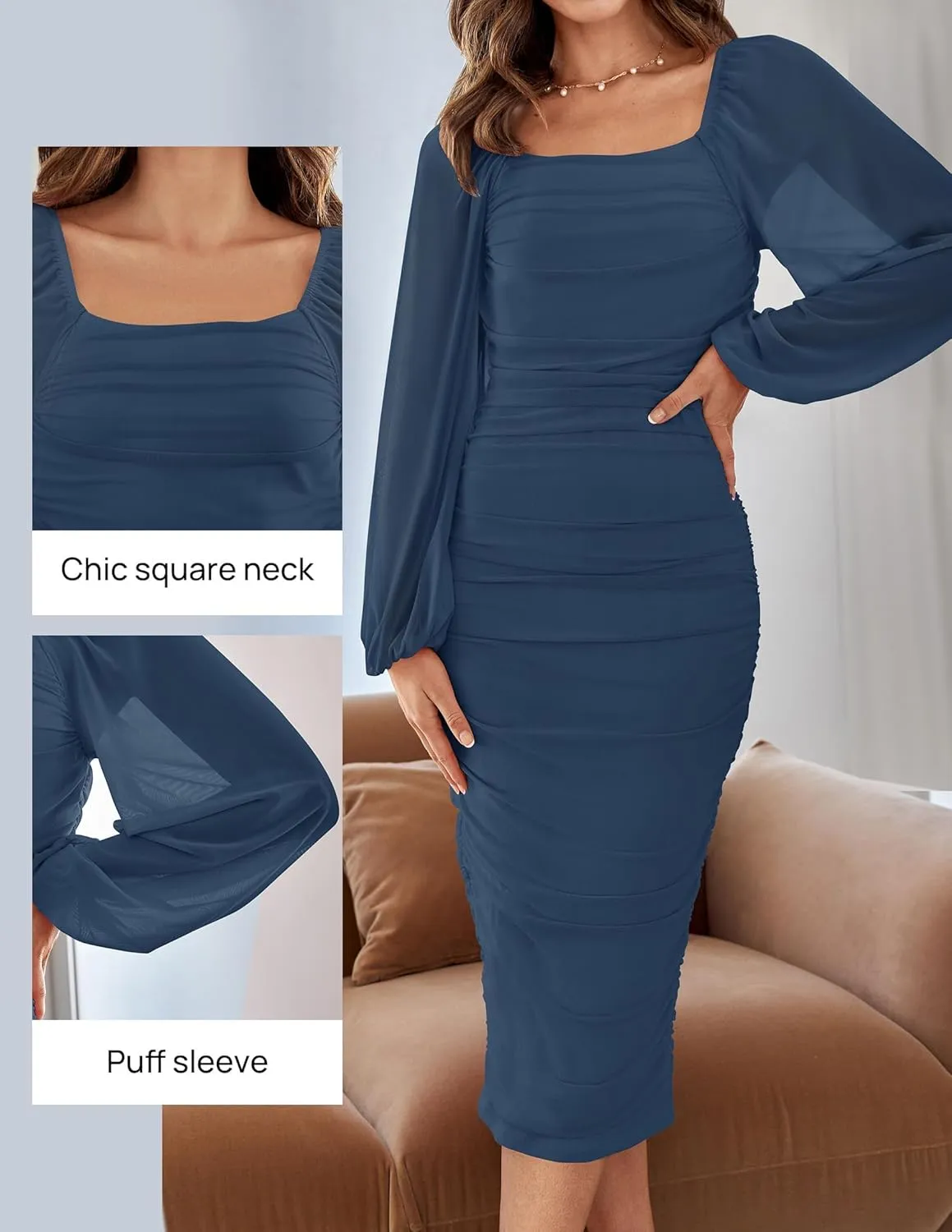 ZESICA Women's Sexy Ruched Bodycon Midi Dress Long Puff Sleeve Square Neck Backless Cocktail Party Wedding Dresses