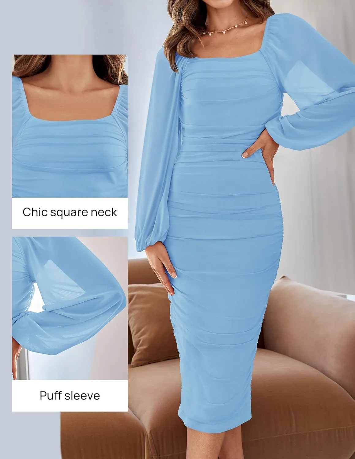 ZESICA Women's Sexy Ruched Bodycon Midi Dress Long Puff Sleeve Square Neck Backless Cocktail Party Wedding Dresses