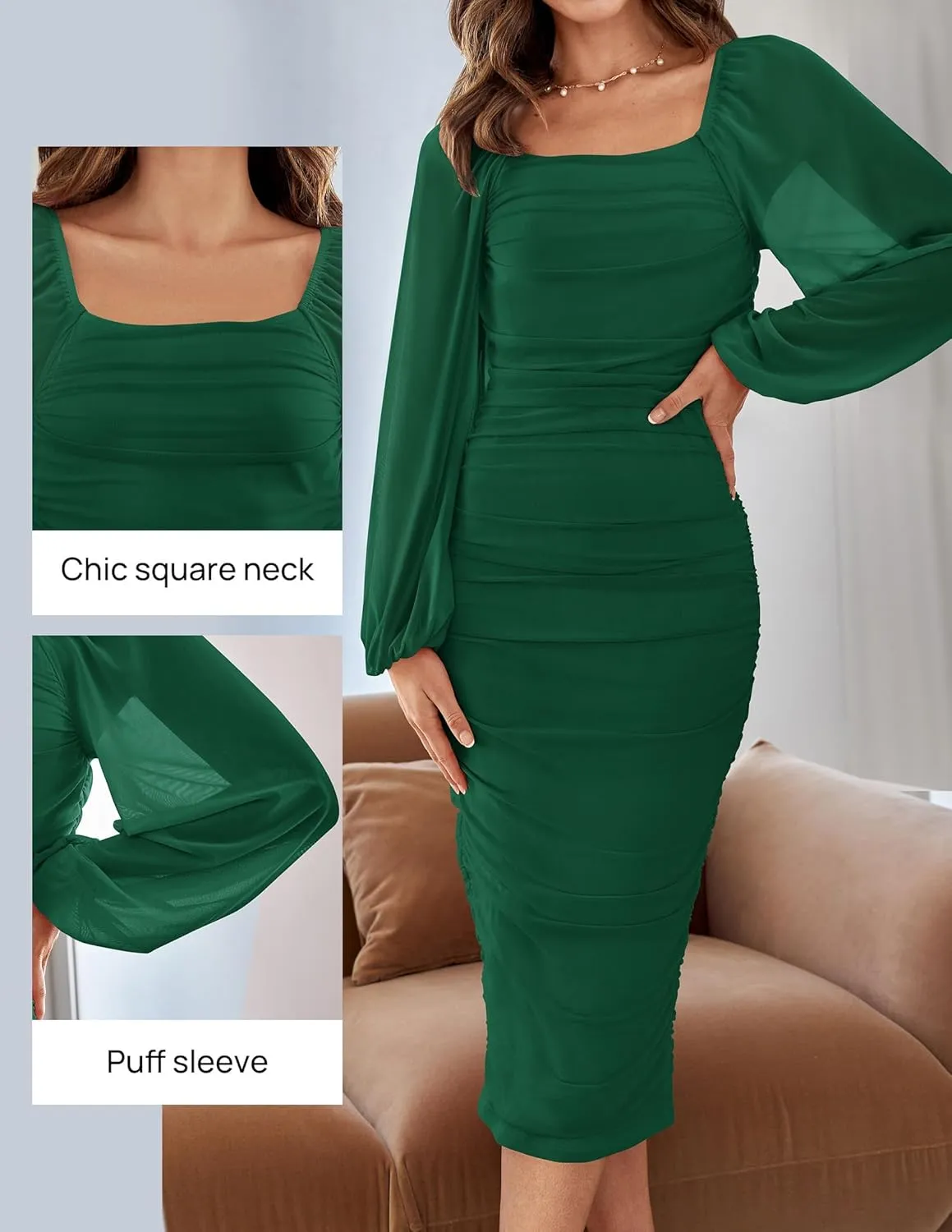 ZESICA Women's Sexy Ruched Bodycon Midi Dress Long Puff Sleeve Square Neck Backless Cocktail Party Wedding Dresses
