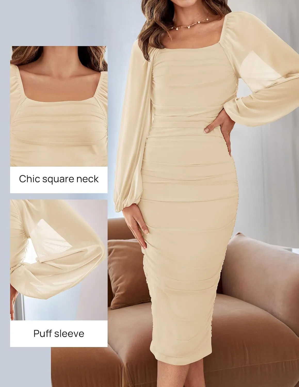 ZESICA Women's Sexy Ruched Bodycon Midi Dress Long Puff Sleeve Square Neck Backless Cocktail Party Wedding Dresses