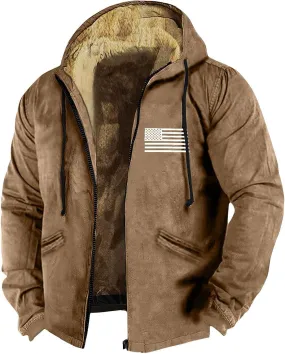 Zipper Hoodies for Men American Flag Print Sherpa Lined Flannel Hoodie Warm Cotton Fleece Jacket Fall Fashion Coat